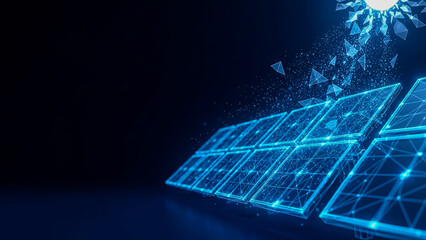 A dynamic and abstract visualization of advanced solar panels designed with a glowing, digital wireframe structure. Light and energy, represented by fragmented geometric shapes, emanate from a