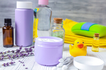 set baby care for bathroom on wooden background