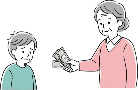 心配そうな年配の男性にお金を渡す高齢女性、高齢者同士の金銭取引、高齢者同士の寛大な行為