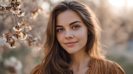 Obraz premium A young woman with blue eyes smiles gently amidst soft sunlight and delicate spring blossoms
