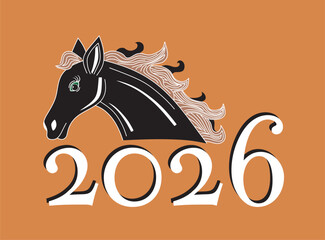 Happy Chinese New Year 2026 Horse Zodiac Sign on brown Background. Ornamental linear horse. White lines.