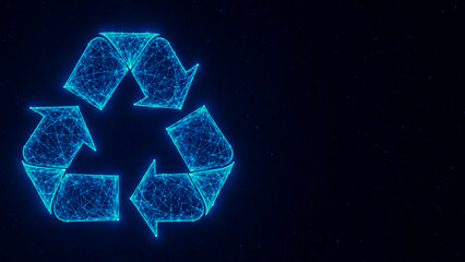 A vibrant, glowing blue recycle symbol rendered in a futuristic wireframe style with interconnected dots and lines, set against a dark, particlefilled background. This digital representation
