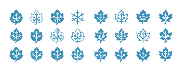 Blue snowflake leaf icons in various styles on white background