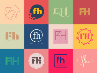 FH logo company template. Letter f and h logotype. Set different classic serif lettering and modern bold text with design elements. Initial font typography.