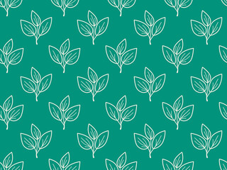 Elegant teal background with a repeating pattern of stylized white leaves. Perfect for textile design, packaging, or website backgrounds.  Evokes nature, freshness, and serenity.