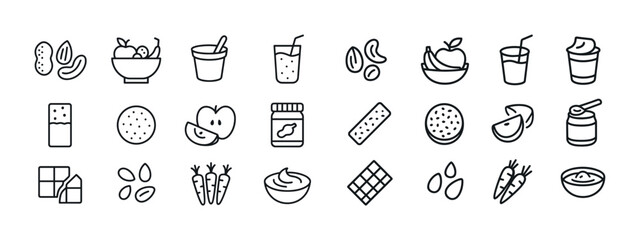 Fototapeta premium Healthy snack icons set: nuts, fruits, drinks, and more