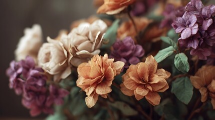 A vintage bouquet of preserved flowers in muted tones of beige orange and purple