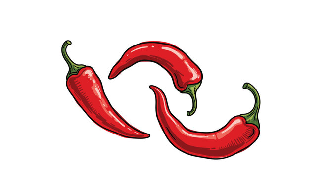 Hand-drawn illustration of three red hot chili peppers in a colorful vintage engraving style for spicy food packaging designs.