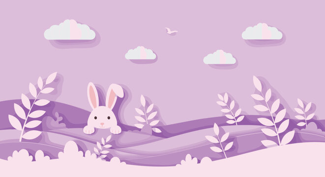 Cute white Easter bunny peeking over a purple paper cut landscape with hills plants and clouds in the sky for a holiday card.