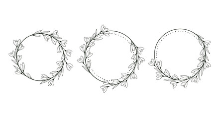 Obraz premium A set of three elegant hand-drawn circular floral wreaths with delicate flowers and leaves perfect for wedding monograms.