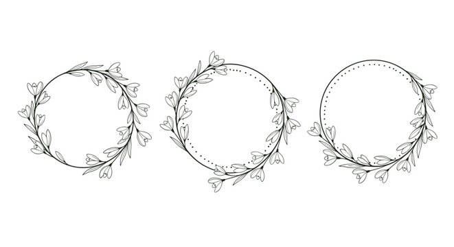 A set of three elegant hand-drawn circular floral wreaths with delicate flowers and leaves perfect for wedding monograms.