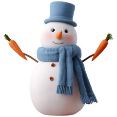 Cheerful 3D snowman with carrot arms and blue hat