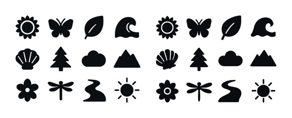 Fototapeta premium Set of nature icons: sunflower, butterfly, leaf, wave, shell, tr