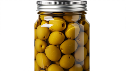 Jar of green olives with visible brine and bubbles, a preserved delicacy