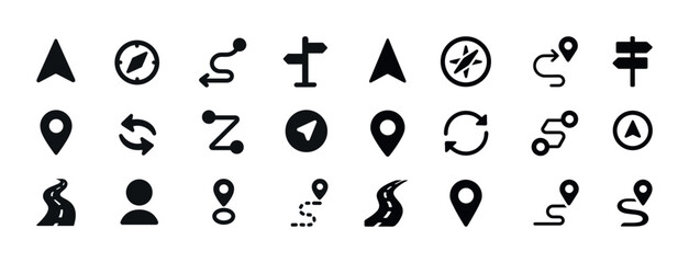 Navigation icons set: arrows, maps, markers, pathways, compass s