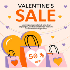 Valentine's Day sale banner with paper bags and 50% discount offer. Vector design