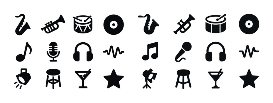 Music icon set: instruments, microphones, notes, headphones, sta