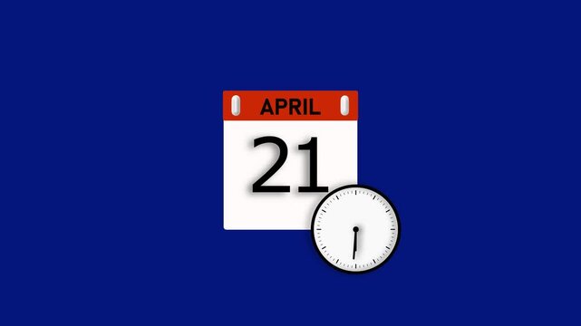 April month 21 date animation. Calendar and clock icon video, on white background. Stunning 4k animation.