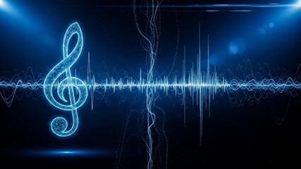 This captivating abstract image features a radiant blue treble clef intertwined with a vibrant digital sound wave display against a dark, technologically infused background. It perfectly illustrates