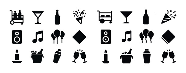 Party icons: drinks, music, celebration symbols on white backgro