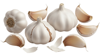 Fresh white garlic bulbs and cloves on transparent background
