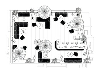 Top View Blueprint of Modern Outdoor Lounge Area with Bar and Seating layout architecture interior design icons exclusive