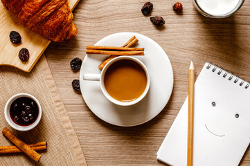 breakfast at home on wooden table with cup of coffee