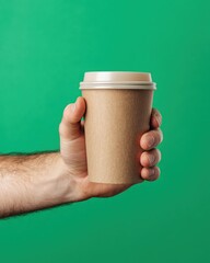 Hand Holding Disposable Paper Coffee Cup with Lid.