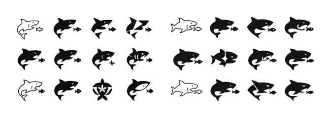 Fototapeta premium Shark evolution icons: simple black and white designs illustrate