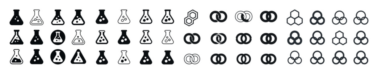 Black and white laboratory flasks and molecules icon set