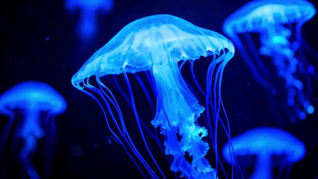 Bioluminescent jellyfish swimming in deep dark ocean water glowing neon blue ethereal marine life underwater ecosystem aquatic creature cnidaria tentacles pulsating light deep sea aquarium display mes