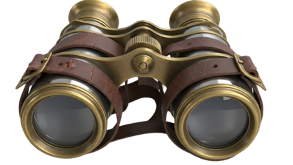 Vintage antique binoculars with leather strap on transparent background