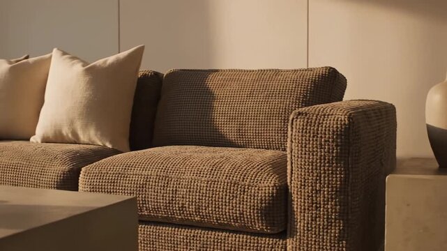 Warm and inviting neutral-toned living room scene featuring a textured brown sofa and minimalist decor elements