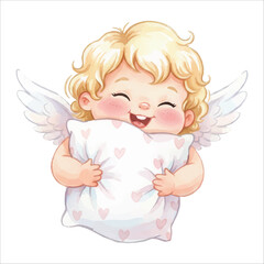 Cute Cupid Angel Hugging Pillow Watercolor Vector Illustration on White Background

