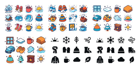 Winter icon set: snowy activities, cozy clothes, hot drinks, nat