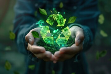 Hands Holding Glowing Green Recycle Symbol with Leaves in Forest.