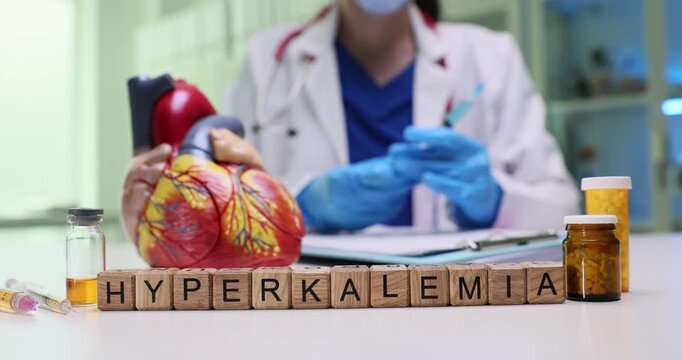 Wooden blocks on desk spell word Hyperkalemia beside heart model. Cardiology expert fills syringe with medicine to manage dangerous potassium level