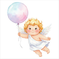 Cute Cupid Angel Holding Balloon Watercolor Vector Illustration on White Background
