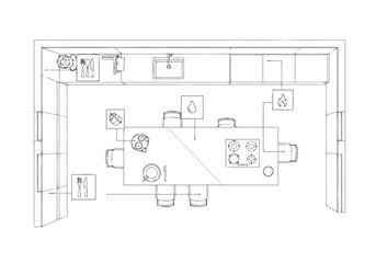 Top Down View of a Modern Kitchen and Dining Area Blueprint with Appliances and Furniture Layout layout architecture interior design icons exclusive