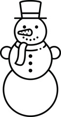Vector line art illustration of a simple, cute snowman wearing a top hat and scarf, designed as a black and white outline suitable for coloring.