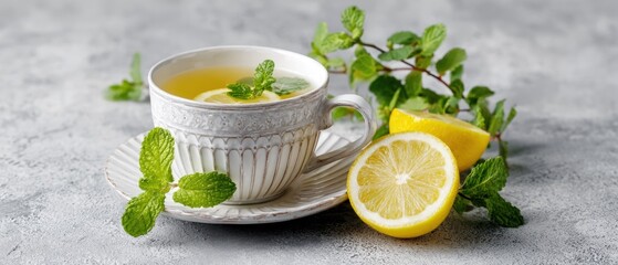 Steaming Cup of Fresh Mint and Lemon Herbal Tea.