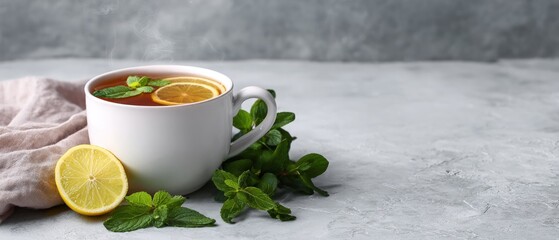 Steaming Herbal Tea Cup with Lemon Orange and Mint.