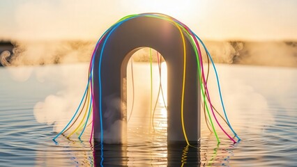 Abstract u shape sculpture glowing with warm light and steam in water