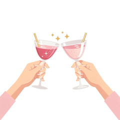 Flat Illustration of Hands Making a Cocktail Toast in Soft Pink and Gold Tones