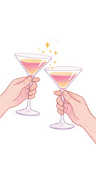 Flat Illustration of Hands Making a Cocktail Toast in Soft Pink and Gold Tones