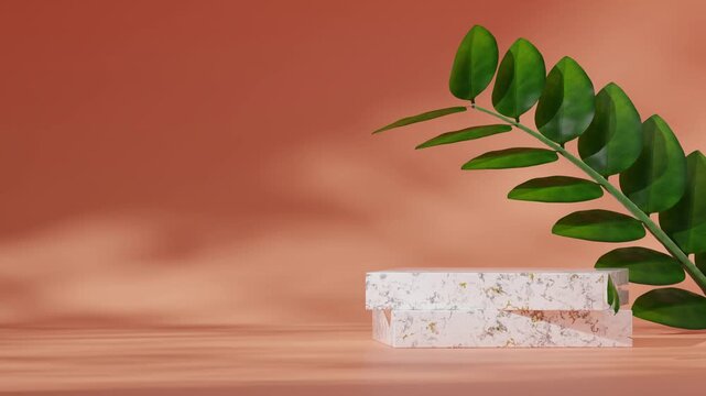 template mockup white marble podium of with seamless shadow animation looping orange wall and green zamia plant, 3d render footage