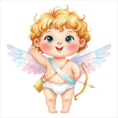 Fototapeta premium Cute Cupid Angel Waving Watercolor Vector Illustration on White Background 