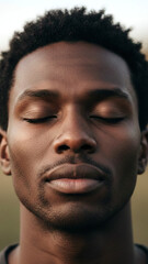 Portrait en gros plan et en ext&eacute;rieur d'un jeune homme aux yeux ferm&eacute;s, en pri&egrave;re