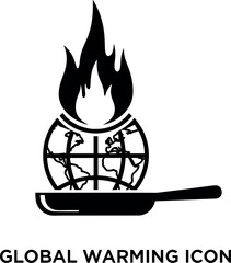Global Warming Icon Black Silhouette, Earth on Fire in Frying Pan, Climate Change Concept, Environmental Crisis Vector Graphic, Pollution and Planet Danger Symbol.