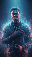 Titre
Portrait d'un homme &agrave; la peau sombre, en veste &agrave; capuche, tenant un microphone, dans une ambiance de sc&egrave;ne futuriste et scintillante